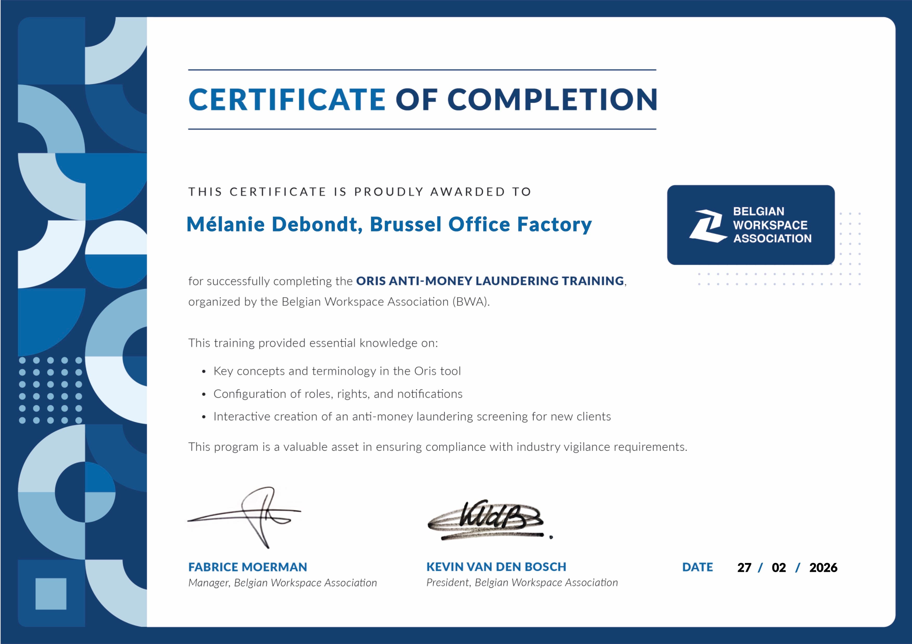 Certificat AML Belgian Workspace Association - Office Factory